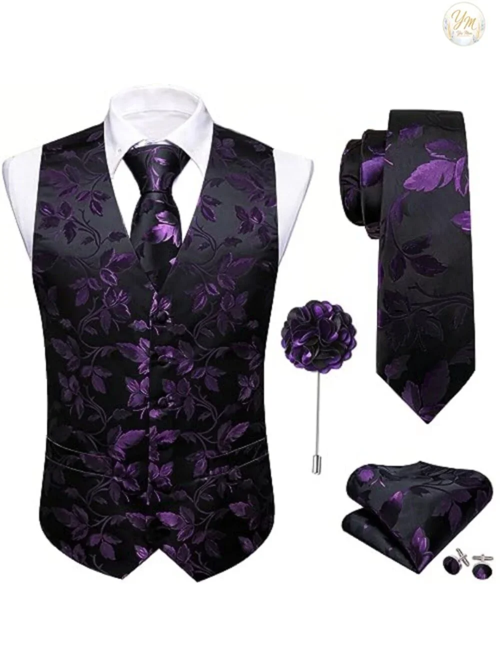 Men's Formal Floral Jacquard Suit Vest 5-Piece Set V-Neck Slim Fit Wedding